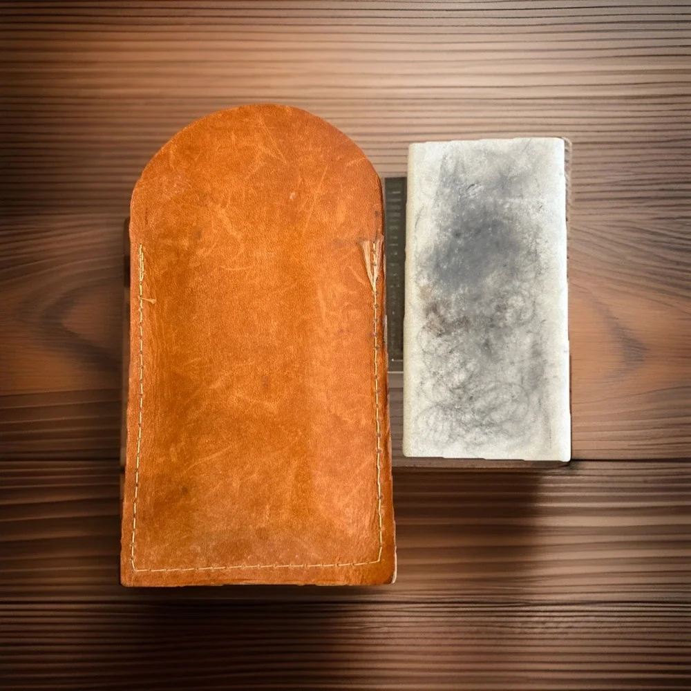 Vintage Sharpening Stone With Stitched Leather Pouch
